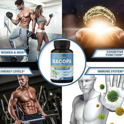 Organic Cadane Bacopa Monnieri Supplement - Blended with Ashwgandha, Ginseng, Saw Palmetto, Shilajit - 90 Capsules for 3 Month Supply