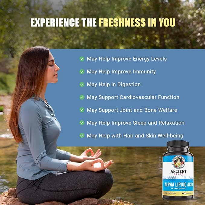 Ancient Bliss Alpha Lipoic Acid Supplement, Antioxidant and Energy Support, ALA Supplement with Bioperine, No Gluten and Soy, 600mg per Serving, 60 Vegan Capsules
