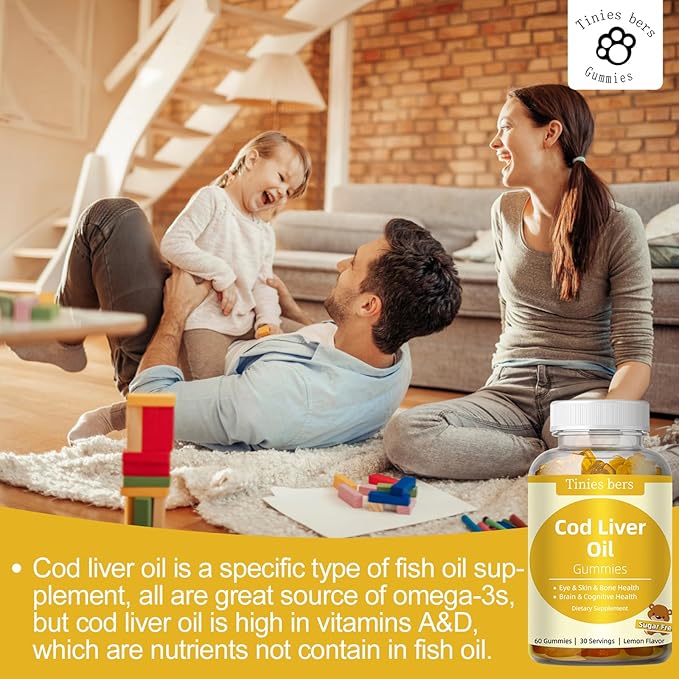 Cod Liver Oil Gummies 1000mg, Sugar Free for Adults & Kids, Omega-3s & Vitamin A&D for Brain, Cognitive, Heart & Eye, Bone Health, Gluten Free, Non GMO, Pectin, 60