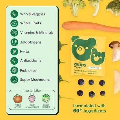 Gruns Kids Vitamins, Super Greens Gummies, Sugar-Free Superfood Gummy Bears With Spirulina, Chlorella, Prebiotics Fiber for Digestive Health, Adaptogens Supplement, 20 Vitamins & Minerals, 28 day Pack