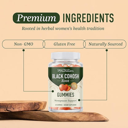 Black Cohosh Gummies for Menopause Relief, Hot Flashes & Night Sweats | 50mg Black Cohosh Root for Women | Gluten-Free, Vegetarian, Non-GMO | Hormone Balance Support | Yummy Peach Flavor | 60 Gummies