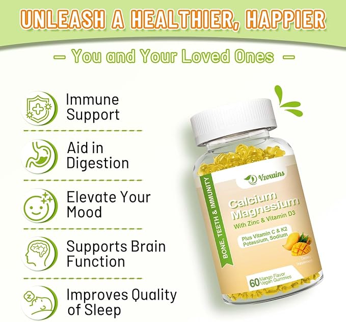 High Absorption Calcium Gummies, Calcium Magnesium Zinc with Magnesium Glycinate, Potassium, Vitamin D3 for Women & Men- Mango Flavor 60 Cts