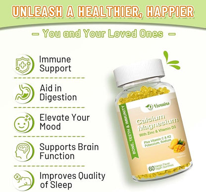 High Absorption Calcium Gummies, Calcium Magnesium Zinc with Magnesium Glycinate, Potassium, Vitamin D3 for Women & Men- Mango Flavor 60 Cts