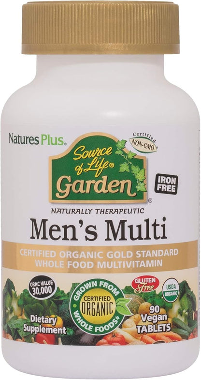 NaturesPlus Source of Life Garden Certified Organic Men's Multivitamin - 90 Vegan Tablets - Pure, Natural Whole Food Ingredients - Energy Boost - Vegetarian, Gluten-Free - 30 Servings
