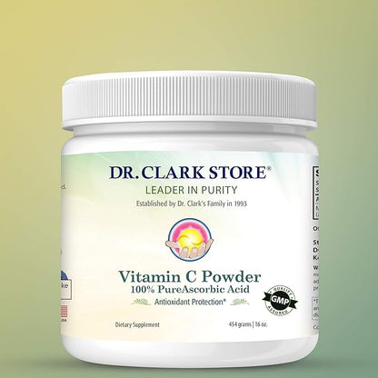 Dr Clark Vitamin C Powder Ascorbic Acid - Immune Support Supplement, Gluten Free, Potent antioxidant, Supports Brain Function, Promotes Tissue Formation and Repair, 454gm | 16oz