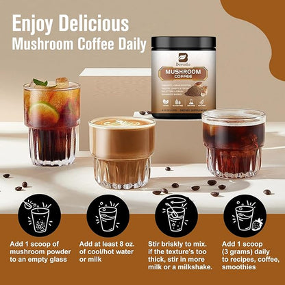 Mushroom Coffee - Lions Mane Mushroom Powder Instant Coffee with Lion's Mane, Reishi, Chaga, Cordyceps, and Turkey Tail - Mushroom Coffee Alternative for Energy, Mental Clarity & Focus, Brain Booster