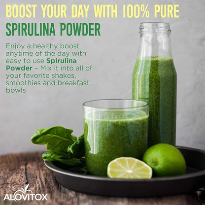 Alovitox Organic Spirulina Powder | Nutrient Dense Superfood with Antioxidants, Proteins, Vitamin A and B, Fiber, Omegas 3, 6 & 9-100% Organic, No Additives/Colors, Gluten Free, Vegan, Non-GMO (1 lb)