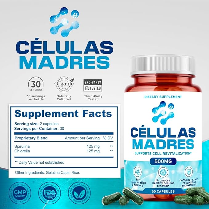Stem Cell Supplements 500mg (120 Cap) Natural Anti-Aging & Longevity Support with Spirulina & Chlorella, Boost Cellular Renewal, Restore Youthful Energy, Reduce Joint Soreness – Celulas Madre