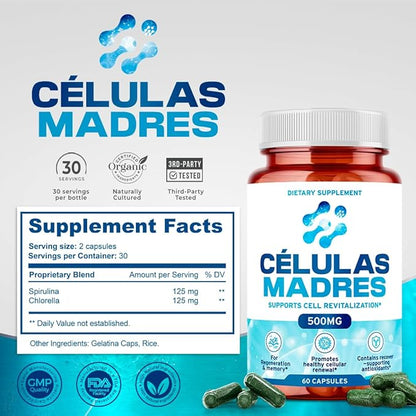 Stem Cell Supplements 500mg (120 Cap) Natural Anti-Aging & Longevity Support with Spirulina & Chlorella, Boost Cellular Renewal, Restore Youthful Energy, Reduce Joint Soreness – Celulas Madre