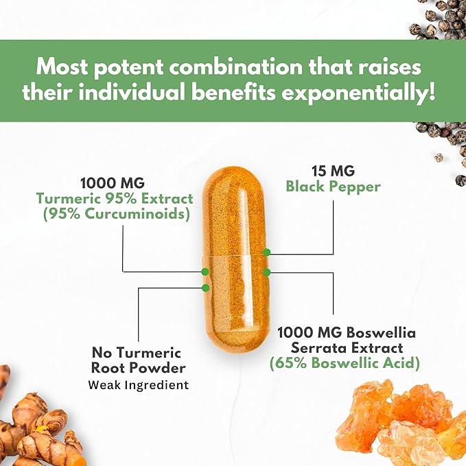 Turmeric Boswellia Extract Supplement 2000 mg – Extra Strength Boswellia Serrata with Turmeric Curcumin - 95% Curcuminoids and 65% Boswellic Acid - Standardized High Potency - Made in USA