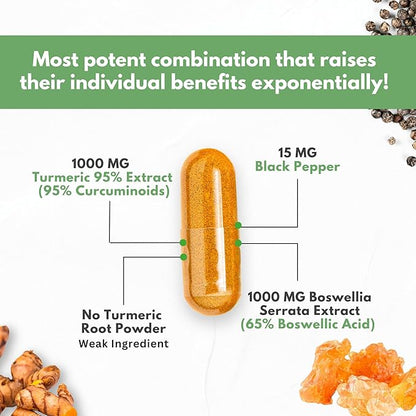 Turmeric Boswellia Extract Supplement 2000 mg – Extra Strength Boswellia Serrata with Turmeric Curcumin - 95% Curcuminoids and 65% Boswellic Acid - Standardized High Potency - Made in USA