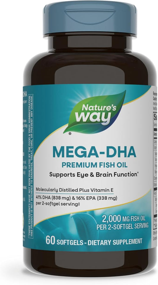 Nature's Way Mega-DHA Premium Fish Oil, Supports Eye and Brain Function*, Omega-3, 2,000 Fish Oil mg per 2-Softgel Serving, 60 Softgels (Packaging May Vary)
