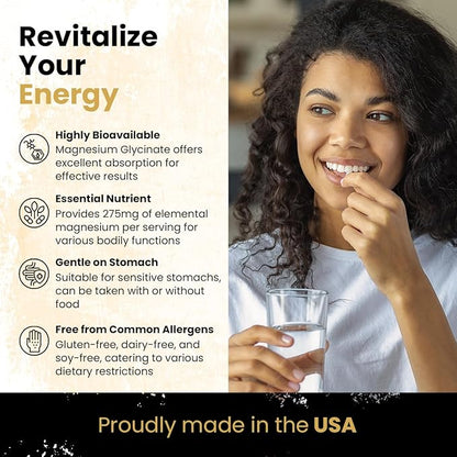 Magnesium Glycinate 275 MG - Extra Strength Vegan Supplement for Men & Women, 90 Capsules, Gluten & Soy Free, Natural Support, 3rd Party Tested, Made in USA