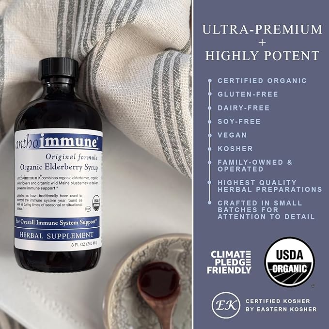 Organic Elderberry Syrup - Anthoimmune - Immune Support Supplement for Adults and Kids- USDA Organic, Ultra-Premium Black Elderberry Formula (8 oz) 48 Servings