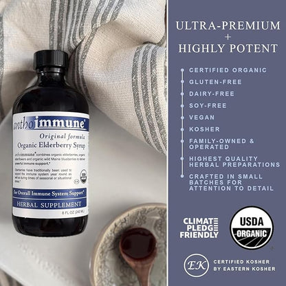 Organic Elderberry Syrup - Anthoimmune - Immune Support Supplement for Adults and Kids- USDA Organic, Ultra-Premium Black Elderberry Formula (8 oz) 48 Servings
