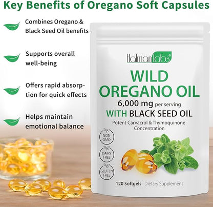 Oil of Oregano Softgels,Oregano Oil Capsules Organic,2-in-1 6000mg Oil of Oregano with Black Seed Oil 200mg,Oregano Oil with Black Seed Oil Softgels,120 Softgel Capsules