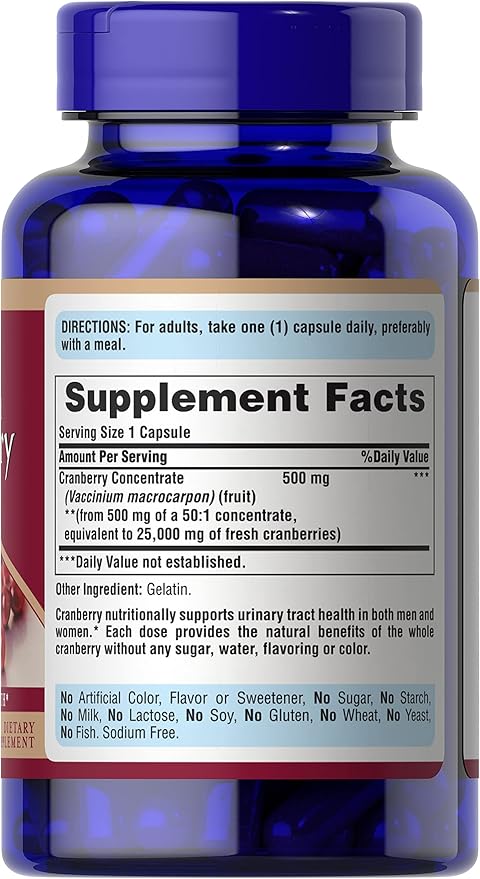 Puritan's Pride Naturally Sourced Cranberry One Per Day Fruit Concentrate 500mg, 50:1 Dietary Supplement for Urinary Tract Support, 4 Month Supply, 120 Rapid Release Capsules, 2 Pack