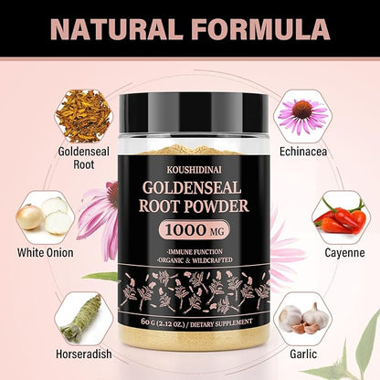 Goldenseal Root Powder Organic Supplement 1000 mg, Goldenseal Powder Supplement with Echinacea & Goldenseal for Immune & Gut Health, Pure & Natural(60 servings per bottle)