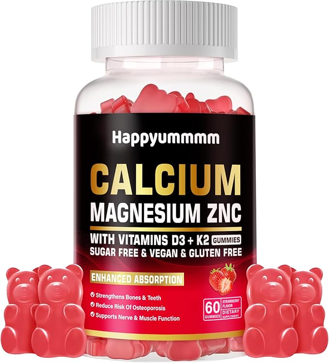 Calcium Magnesium Zinc Gummies with Vitamin D3 & K2 - High Potency Enhanced Absorption -60 Strawberry Gummies Flavored.