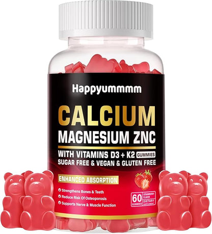 Calcium Magnesium Zinc Gummies with Vitamin D3 & K2 - High Potency Enhanced Absorption -60 Strawberry Gummies Flavored.