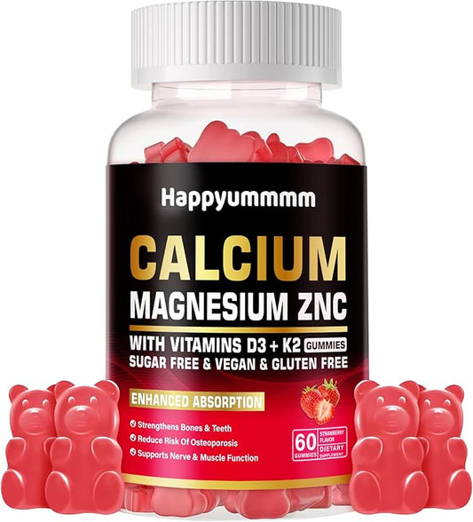 Calcium Magnesium Zinc Gummies with Vitamin D3 & K2 - High Potency Enhanced Absorption -60 Strawberry Gummies Flavored.