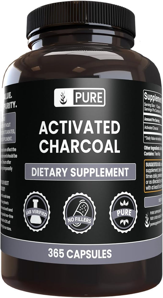 Pure Original Ingredients Activated Charcoal, No Magnesium or Rice Fillers, Always Pure, Lab Verified (365 Count)