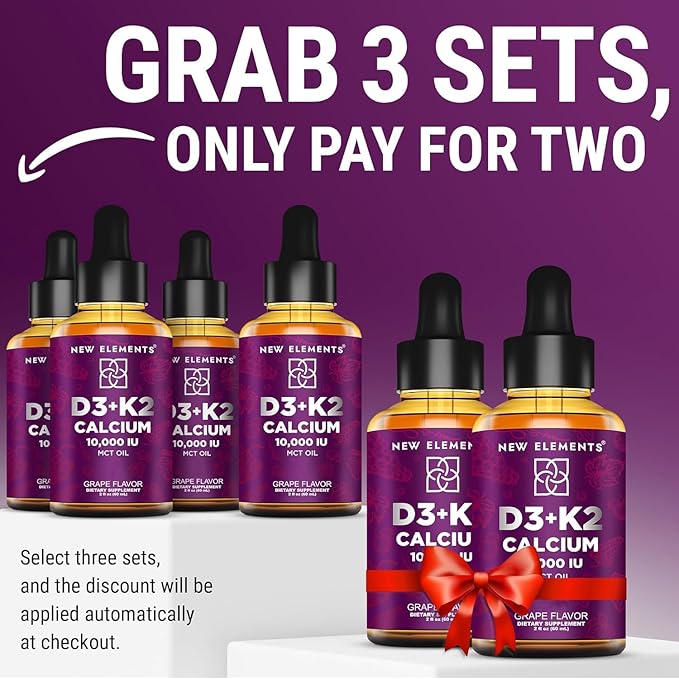 [2 𝐏𝐚𝐜𝐤] Liquid Vitamin D3 K2 Drops with Calcium for Adults | Vitamin D3 10,000 IU | D3 K2 with Calcium for Bone Health & Immunity Support | Joint Health Supplement | Non-GMO | Vegan