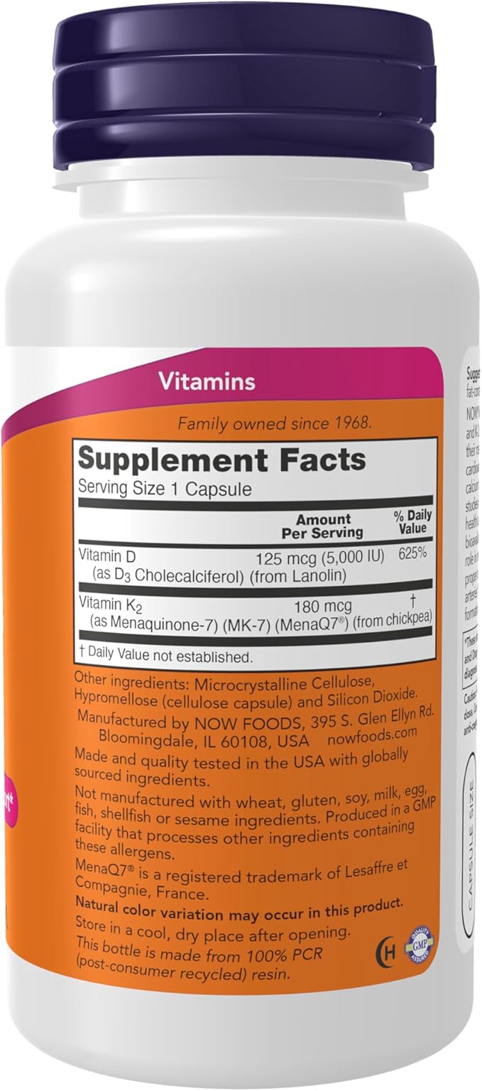 NOW Supplements, Mega D-3 & MK-7, 5000 IU / 180 mcg, Bone & Cardiovascular Support*, Vitamins K-3 & K-2, 120 Capsules