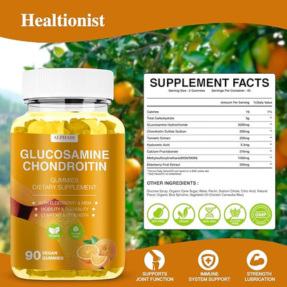 Glucosamine Chondroitin Gummies - 3000MG Extra Strength Joint Support Supplement with MSM & Elderberry, Flexibility, Antioxidant Immune Support Gummy for Adults, Men & Women - 90 Orange Gummies