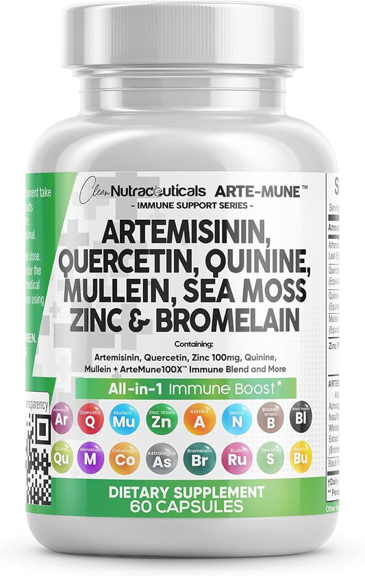 Clean Nutraceuticals Artemisinin Quercetin Zinc Mullein Quinine Supplement with Sea Moss Bromelain Ashwagandha Root Nettle Leaf Bladderwrack Burdock Root Monolaurin Colostrum Rutin