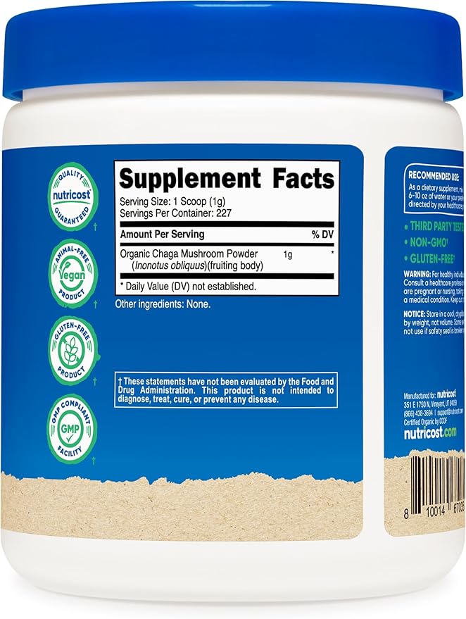 Nutricost 100% Organic Chaga Mushroom Powder 8oz (227 Servings) - Certified USDA Organic, Gluten Free & Non-GMO
