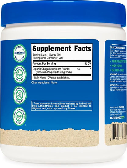 Nutricost 100% Organic Chaga Mushroom Powder 8oz (227 Servings) - Certified USDA Organic, Gluten Free & Non-GMO
