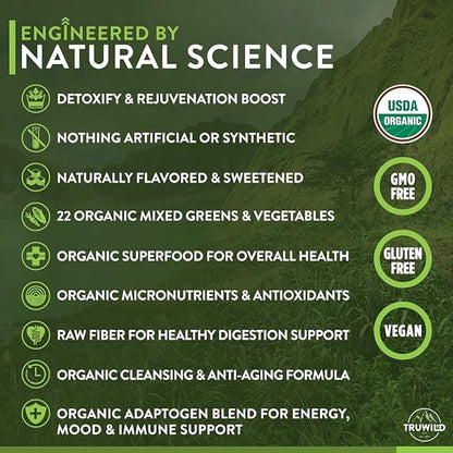 TruWild Greens Superfood Juice Powder, with 22+ Greens & Anti-Oxidants, Natural Immune, Stress, Digestion Support Powder, 90 Servings, 3 Pack