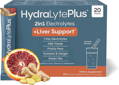 Hydralyte Liver Support + Electrolyte Mix with Milk Thistle, Turmeric, Ginger, Prickly Pear, Green Tea Extract Formulated for Rapid Rehydration (Blood Orange Ginger, 20 Packets)