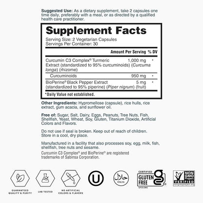 Nature's Lab Turmeric Extract with Curcumin C3 & BioPerine 1000mg - Promotes Cardiovascular, Digestion and Immune Health - 60 Capsules (30 Day Supply)