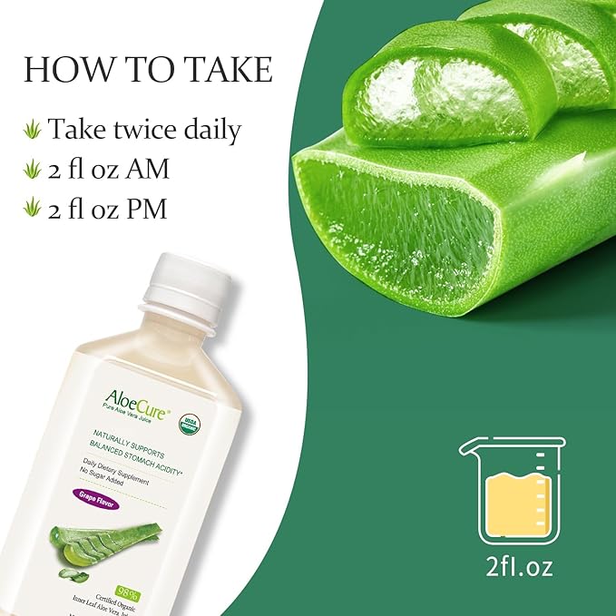 AloeCure USDA Organic Aloe Vera Juice Grape Flavor, Made Within 12 Hours of Harvest - Pure Aloe Vera Digestive & Immune Health Supplement, Helps Maintain Balanced Stomach Acidity, 16.7oz x 12 Btls