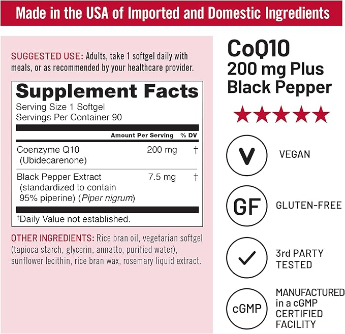 NatureWise CoQ10 200mg Softgels, High Absorption Coenzyme Q10 with BioPerine Black Pepper - Antioxidant for Heart Health + Cellular Energy - Vegan, Non-GMO, Gluten-Free - 90 Count[3-Month Supply]