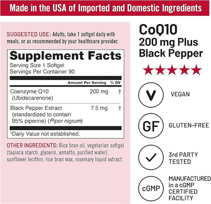 NatureWise CoQ10 200mg Softgels, High Absorption Coenzyme Q10 with BioPerine Black Pepper - Antioxidant for Heart Health + Cellular Energy - Vegan, Non-GMO, Gluten-Free - 90 Count[3-Month Supply]