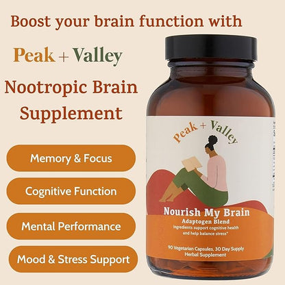 Peak + Valley Nootropic Brain Support Supplement for Memory & Focus with Lion's Mane Mushroom & Ashwagandha - 60 Ct Adaptogen Capsules - Adults/Seniors - Cognitive, Brain Fog, Energy Formula