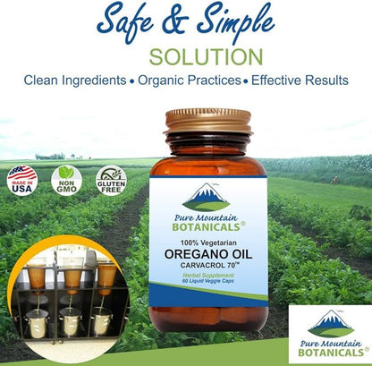 Pure Mountain Botanicals Wild Oregano Oil Capsules - 60 Kosher Vegan Caps Now with 510mg Mediterranean Oil of Oregano Supplement