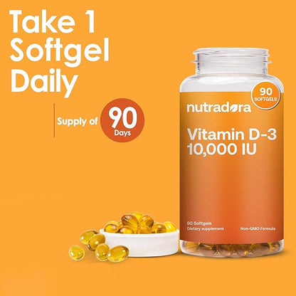 D3 Vitamin 10000 IU Softgels 250 MCG - Vitamin D Supplements for Women and Men with Immune Support & Bone Health, Non-GMO, Olive Oil, 90 Softgel Capsules