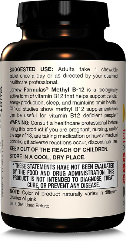 Jarrow Formulas Extra Strength Methyl B-12, Dietary Supplement for Cellular Energy Production, 100 Lemon-Flavored Chewable Tablets, Up to a 100 Day Supply