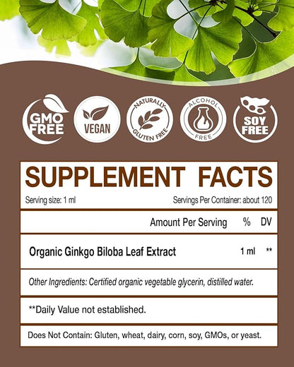 Organic Ginkgo Biloba Extract Liquid Supplements, Brain & Focus Support, 98% Absorption, Vegan, Non-GMO, Alcohol & Gluten Free - 4 Fl Oz