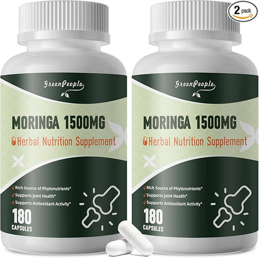Moringa Pure Capsules, Rich Moringa Powder, A Natural Green Antioxidant Superfood - Supports Energy, Skin Health, Gut Health, with Essential Vitamins & Amino Acids, 180pcs-2 Pack