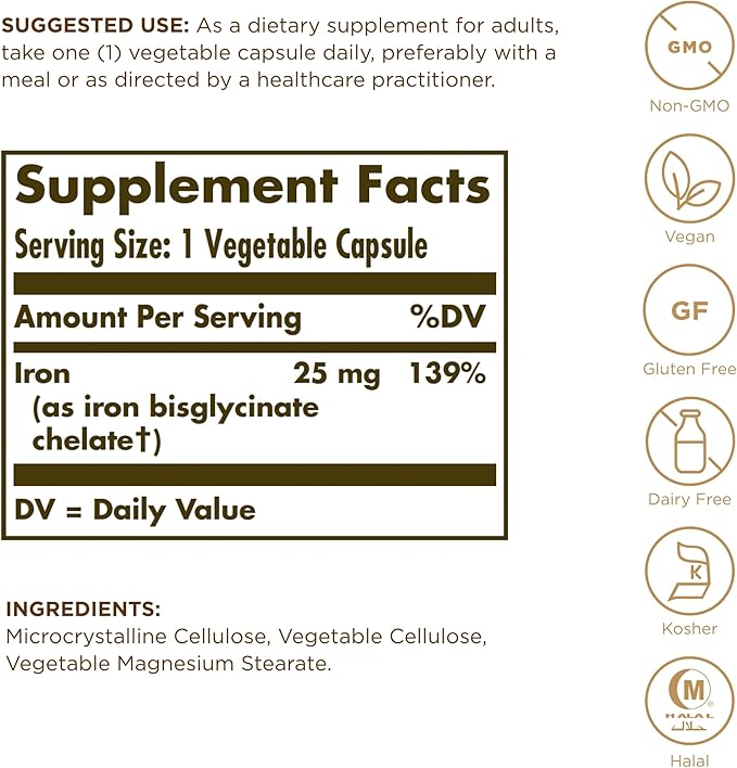 Solgar Gentle Iron (Iron Bisglycinate) 25 mg - 180 Vegetable Capsules - Non-Constipating, Gentle on Your Stomach - Non-GMO, Gluten Free - 180 Servings