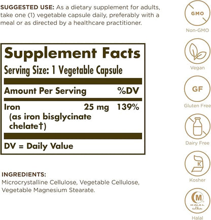 Solgar Gentle Iron (Iron Bisglycinate) 25 mg - 180 Vegetable Capsules - Non-Constipating, Gentle on Your Stomach - Non-GMO, Gluten Free - 180 Servings