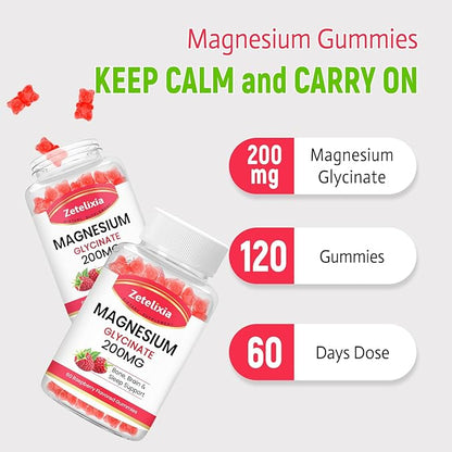 Magnesium Glycinate Gummies, High Absorption Magnesium Glycinate Supplements for Relaxation, Magnesium Chews for Adults and Kids, Raspberry Flavor 120 Count