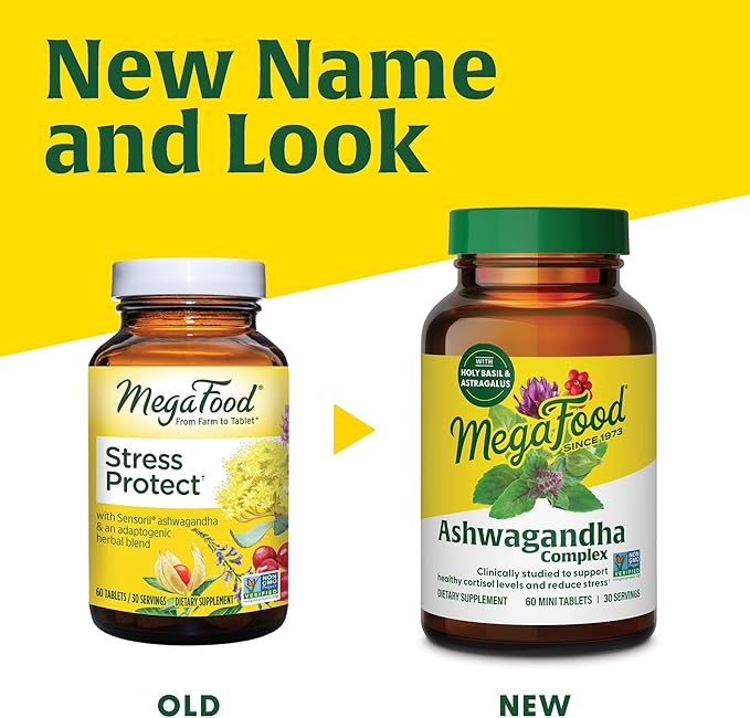 MegaFood Ashwagandha Complex (Formerly Stress Protect) - Ashwagandha Supplements with Astragalus Root & Holy Basil - Vegetarian & Gluten Free Cortisol Supplement - 60 Mini Tablets, 30 Servings