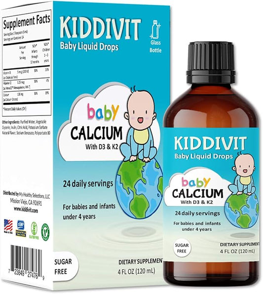 Kiddivit Baby Calcium Liquid Drops with Vitamin D3 & K2-24 Daily Servings, 4 Fl Oz (120 mL) - Inulin Fortified (Prebiotic, Dietary Fiber) - Sugar Free, Gluten Free, Vegetarian Friendly