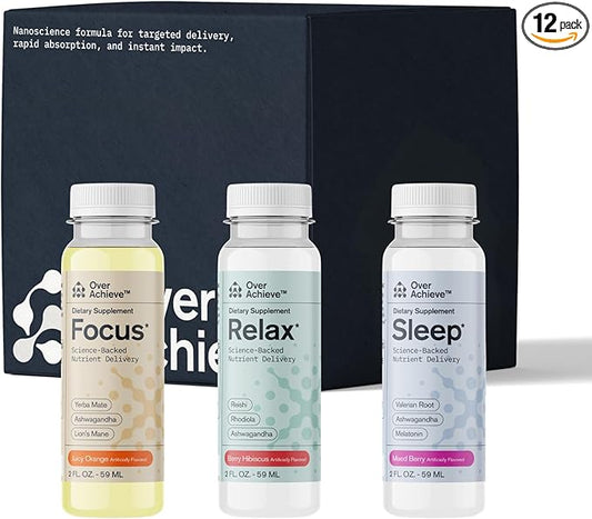Supplement Variety Pack with Advanced Nanoscience Technology, 12 Pack, Stress Calming Relax Drink, Sleep Aid Drink, Nootropic Brain Supplement Focus Drink, 2 oz Shot